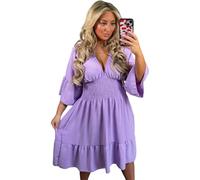 Crazy Fashion Ladies Summer V Neck Stretchy Elastic Waist Casual Magic Midi Dresses for Women UK Flared Bell Sleeve Holiday Party Short Tiered Dress One Size Fits (Lilac, UK 12-24)