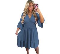 Crazy Fashion Ladies Summer V Neck Stretchy Elastic Waist Casual Magic Midi Dresses for Women UK Flared Bell Sleeve Holiday Party Short Tiered Dress One Size Fits (Denim, UK 12-24)
