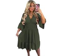 Crazy Fashion Ladies Summer V Neck Stretchy Elastic Waist Casual Magic Midi Dresses for Women UK Flared Bell Sleeve Holiday Party Short Tiered Dress One Size Fits (Khaki, UK 12-24)
