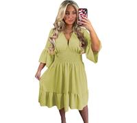 Crazy Fashion Ladies Summer V Neck Stretchy Elastic Waist Casual Magic Midi Dresses for Women UK Flared Bell Sleeve Holiday Party Short Tiered Dress One Size Fits (Yellow, UK 12-24)