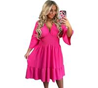 Crazy Fashion Ladies Summer V Neck Stretchy Elastic Waist Casual Magic Midi Dresses for Women UK Flared Bell Sleeve Holiday Party Short Tiered Dress One Size Fits UK 12-24