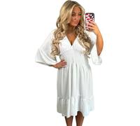 Crazy Fashion Ladies Summer V Neck Stretchy Elastic Waist Casual Magic Midi Dresses for Women UK Flared Bell Sleeve Holiday Party Short Tiered Dress One Size Fits (White, UK 12-24)
