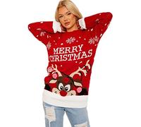 Crazy Fashion Merry Christmas Rudolph Pom Pom Knitted Jumpers for Women Ladies Reindeer Round Neck Long Sleeve Xmas Snowflake Casual Winter Sweater Santa Chunky Jumper Top UK Plus Size 8-22 (Red, 18)