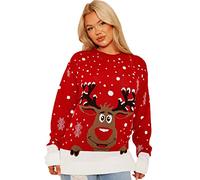 Crazy Fashion Merry Christmas Rudolph Pom Pom Knitted Jumpers for Women Ladies Rudolph Round Neck Long Sleeve Xmas Snowflake Casual Winter Sweater Santa Chunky Jumper Top UK Plus Size 8-22 (Red, 18)