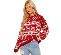 Crazy Fashion Merry Christmas Rudolph Pom Pom Knitted Jumpers for Women Ladies Rudolph Round Neck Long Sleeve Xmas Snowflake Casual Winter Sweater Santa Chunky Jumper Top UK Plus Size 8-22 (Red, 16)