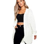 Crazy Fashion Women Long Sleeve Crochet Knitted Plain Cardigan Open Front 2 Pockets Sheer Knit Solid Color Plus Size Ladies Cardigans Top Cream 20-22