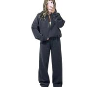 Crazy Fashion Women’s Fleece Bomber Tracksuit Set - Zip Up Jacket & Wide Leg Joggers | Soft Co-Ord | Oversized Comfy Two Piece Outfit Autumn Winter Loungewear (Slate Grey, UK M/L (UK 12-14)