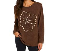 Crazy Fashion Women’s Knit Sweater Long Sleeve Pearl Flower Design - Casual Fall Winter Pullover Tunic Tops - Elegant Soft Knitwear Plain Shirts Plus Size Jumpers (UK 12-24, Brown)