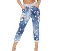 Crazy Fashion Women’s Ladies Denim Joggers Star Printed Sweatpants Floral Ribbed Waistband Trousers Ladies Casual Summer Italian Gym Running Pants Plus Size 8-26 (UK 20, Dark Denim Floral)