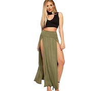 Crazy Fashion Womens High Waisted Long Skirts Double Side Split Plain Two Side Slit Jersey Stretch Maxi Skirt for Ladies-Khaki