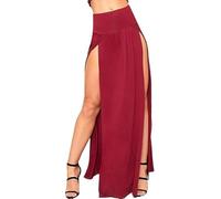 Crazy Fashion Womens High Waisted Long Skirts Double Side Split Plain Two Side Slit Jersey Stretch Maxi Skirt for Ladies-Wine