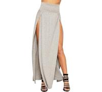 Crazy Fashion Womens High Waisted Long Skirts Double Side Split Plain Two Side Slit Jersey Stretch Maxi Skirt for Ladies-Silver Grey