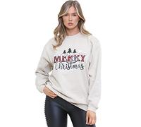 Crazy Fashion Womens Long Sleeve Merry Christmas Slogan Print Xmas Oversized Sweatshirt Ladies Round Neck Christmas Tree Jumper Top Pull Over Cardigan for Winter UK Size 8-14 Stone