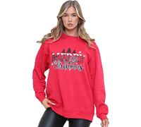 Crazy Fashion Womens Long Sleeve Merry Christmas Slogan Print Xmas Sweatshirt Ladies Round Neck Christmas Tree Jumper Top Pull Over Cardigan for Winter UK Size 8-14 Red
