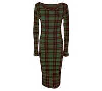 Crazy Fashion Womens Plain and Printed Long Sleeve Round Neck Stretch Jersey Bodycon Ladies Dress Midi All Season Solid Color Casual Dresses for Women Tartan Green 12-14