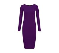 Crazy Fashion Womens Plain and Printed Long Sleeve Round Neck Stretch Jersey Bodycon Ladies Dress Midi All Season Solid Color Casual Dresses for Women Purple 8-10