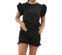 Crazy Fashion Womens Plain Peplum Frill Short Sleeve Top Shorts Co ord Set Ladies 2PCS Tracksuit Casual Outfit Summer Plus size Loungewear (Black, XXL (UK 16-18)