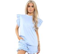Crazy Fashion Womens Plain Peplum Frill Short Sleeve Top Shorts Co ord Set Ladies 2PCS Tracksuit Casual Outfit Summer Plus size Loungewear (Sky Blue, ML (UK 10-12)
