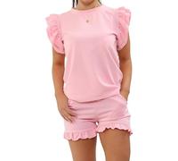 Crazy Fashion Womens Plain Peplum Frill Short Sleeve Top Shorts Co ord Set Ladies 2PCS Tracksuit Casual Outfit Summer Plus size Loungewear (Baby Pink, ML (UK 10-12)