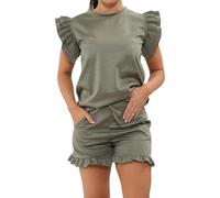 Crazy Fashion Womens Plain Peplum Frill Short Sleeve Top Shorts Co ord Set Ladies 2PCS Tracksuit Casual Outfit Summer Plus size Loungewear (Khaki, SM (UK 6-8)
