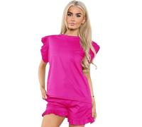 Crazy Fashion Womens Plain Peplum Frill Short Sleeve Top Shorts Co ord Set Ladies 2PCS Tracksuit Casual Outfit Summer Plus size Loungewear (Hot Pink, SM (UK 6-8)