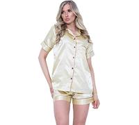 Crazy Fashion Women's Pyjama Sets Short Sleeve Silk Satin Pyjamas Two-Piece Button-Down Womens Silk Satin Pajamas Sets Sleepwear Loungewear Pj Set UK 4-16 (14, Gold)