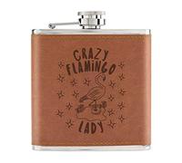 Crazy Flamingo Lady Stars 6oz PU Leather Hip Flask Tan