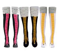 Crazy Funny Chicken Legs Knee-High Novelty Socks Funny Gifts, 3 Pair Yellow+white+rose Red, Medium