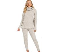 Crazy Girls New Ladies Chunky Knitted High Roll Neck Top Bottom Loungewear 2 piece Set Tracksuit (8-10, Stone)