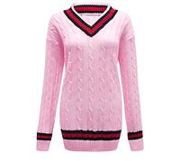 Crazy Girls New Ladies V Neck Cable Knitted Cricket Jumper Womens Stretch Long Sleeve Stripe Top (12/14, Pink)