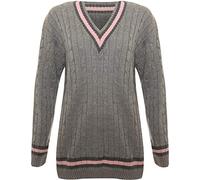 Crazy Girls New Ladies V Neck Cable Knitted Cricket Jumper Womens Stretch Long Sleeve Stripe Top (12/14, Grey)
