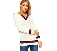 Crazy Girls New Ladies V Neck Cable Knitted Cricket Jumper Womens Stretch Long Sleeve Stripe Top (16/18, Cream)