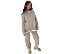 Crazy Girls Women’s Knitted Oversized Winter Warm Co-Ord Tracksuit Sets Ladies Long Sleeve Knitwear Jumper 2 Pcs Set Size UK 8-16 (One Size, Beige)