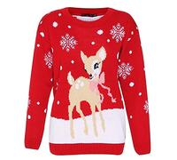 Crazy Girls Womens Baby Reindeer Christmas Jumper Kids Unisex Bambi Deer Xmas Knitted Top 7/8 Years-M/L (Kids 13 Years, Red - Baby Reindeer Jumper)