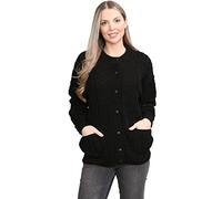 Crazy Girls Womens Cable Knit Crew Neck Cardigan Ladies Knitted Pocket Front Button Up Aran Long Sleeve Sweater UK 8-22