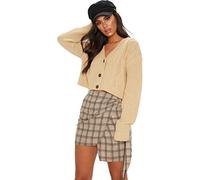 Crazy Girls Women's Ladies Long Sleeve 3 Button Cropped Chunky Aran Cable Knitted Grandad Cardigan (12-14, Beige)