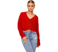 Crazy Girls Women's Ladies Long Sleeve 3 Button Cropped Chunky Aran Cable Knitted Grandad Cardigan (12-14, Red)