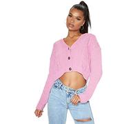 Crazy Girls Women's Ladies Long Sleeve 3 Button Cropped Chunky Aran Cable Knitted Grandad Cardigan (8-10, Baby Pink)