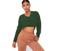 Crazy Girls Women's Ladies Long Sleeve 3 Button Cropped Chunky Aran Cable Knitted Grandad Cardigan (Bottle Green, Numeric_12)