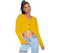Crazy Girls Women's Ladies Long Sleeve 3 Button Cropped Chunky Aran Cable Knitted Grandad Cardigan (Mustard, Numeric_12)