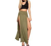 Crazy Girls Womens Long Double Split High Waist Ladies Plain Jersey Stretch Two Side Slit Maxi Skirt (12-14, Khaki)