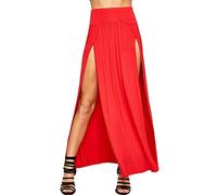 Crazy Girls Womens Long Double Split High Waist Ladies Plain Jersey Stretch Two Side Slit Maxi Skirt (16-18, Red)