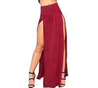 Crazy Girls Womens Long Double Split High Waist Ladies Plain Jersey Stretch Two Side Slit Maxi Skirt (12-14, Wine)
