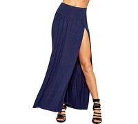 Crazy Girls Womens Long Double Split High Waist Ladies Plain Jersey Stretch Two Side Slit Maxi Skirt (8-10, Navy)