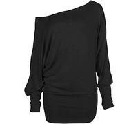 Crazy Girls Womens Long Sleeve One Off-Shoulder Plain Baggy Batwing Top UK8-24 (16-18, Black Plain)
