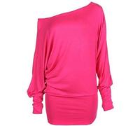 Crazy Girls Womens Long Sleeve One Off-Shoulder Plain Baggy Batwing Top UK8-24, Cerise, XL (UK 16-18)