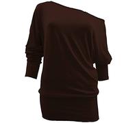 Crazy Girls Womens Long Sleeve One Off-Shoulder Plain Baggy Batwing Top UK8-24, Chocolate, 2XL (UK 20-22)