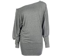 Crazy Girls Womens Long Sleeve One Off-Shoulder Plain Baggy Batwing Top UK8-24, Grey, 2XL (UK 20-22)