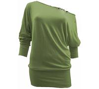 Crazy Girls Womens Long Sleeve One Off-Shoulder Plain Baggy Batwing Top UK8-24, Khaki, 2XL (UK 20-22)