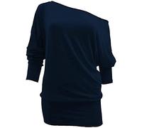 Crazy Girls Womens Long Sleeve One Off-Shoulder Plain Baggy Batwing Top UK8-24, Navy, 3XL (UK 24-26)